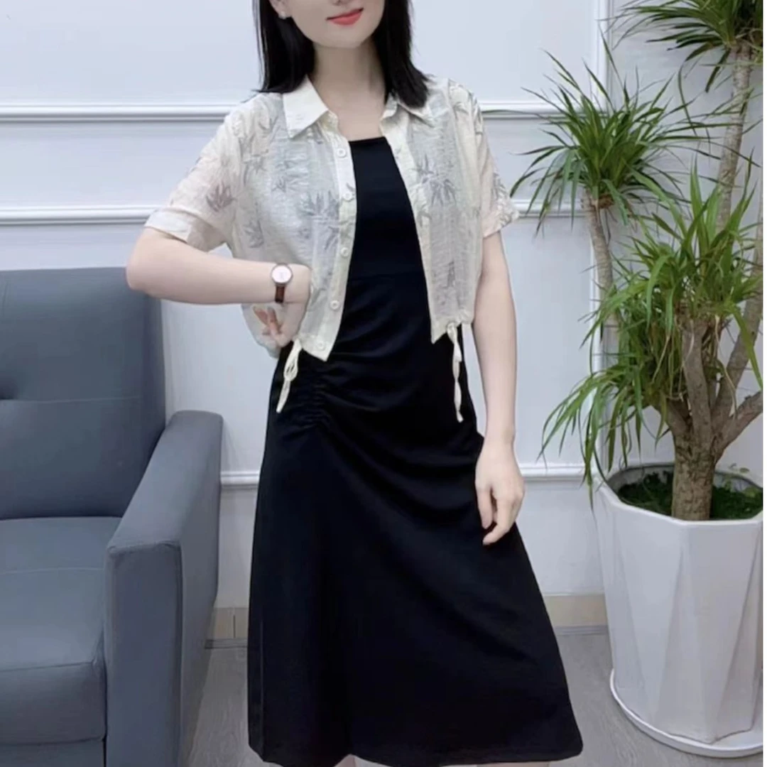 2024夏季新款简约修身收腰显瘦绑带设计女士连衣裙套装