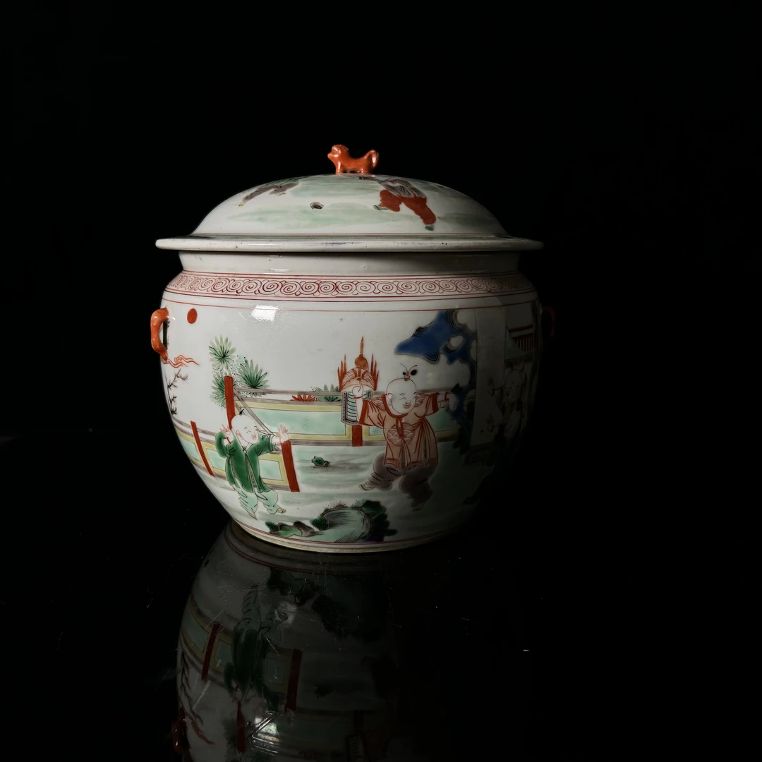 清晚期 五彩婴戏图盖罐02375