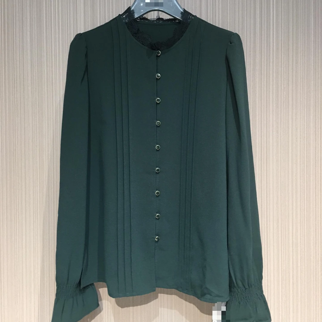 女装墨绿色蕾丝领雪纺衬衫1300113