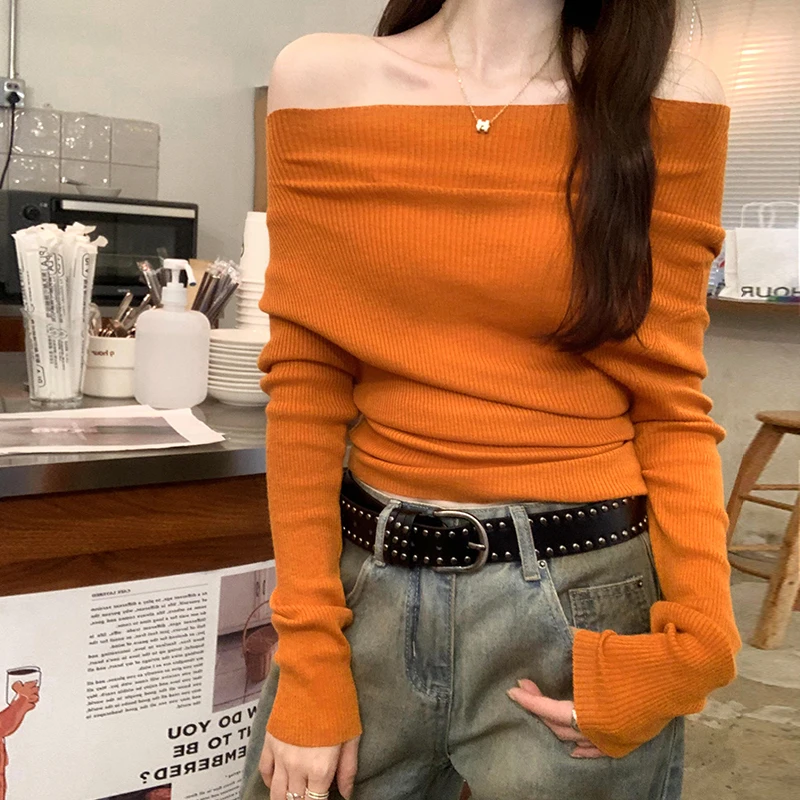 辣妹一字肩内搭毛衣打底针织衫女秋冬新款气质设计感长袖露肩上衣