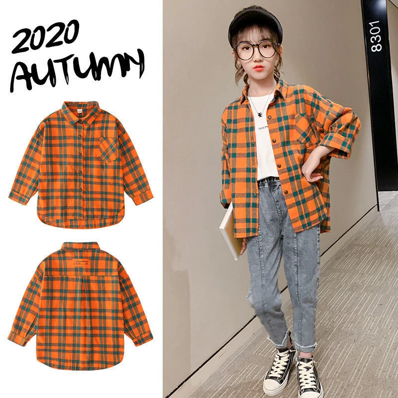 宝宝衬衫长袖新款格子外套中大童6-12岁洋气秋冬薄款衬衣儿童上衣