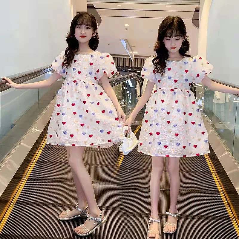 2023新款女童洋气蝴蝶结圆点连衣裙女孩可爱风新款泡泡袖公主裙