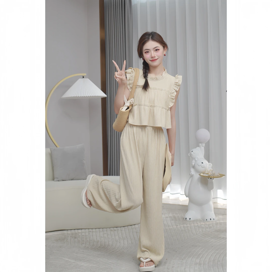 【樱桃小个子】春季新款田园风小清新上衣 阔腿裤子套装女ZR-T25001