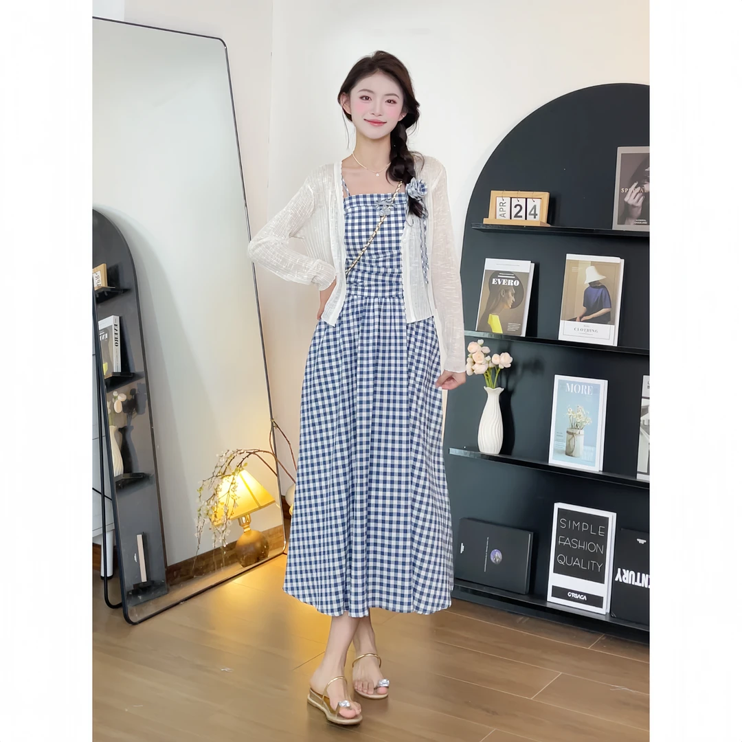 【樱桃小个子】夏季新款法式气质格子收腰显瘦吊带连衣裙ZR-Q25112