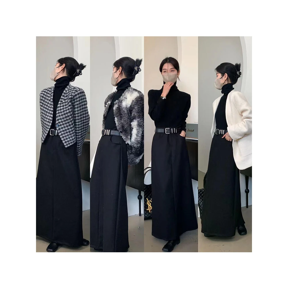 韩版中长款西装半身裙女2024秋冬加厚毛呢子高腰开叉直筒裙超长裙