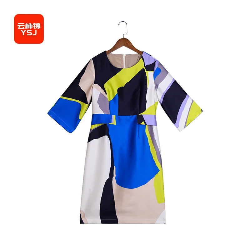 中国丝绸  丝羊毛初秋时尚设计师拼接印花中袖连衣裙 YSJ23057