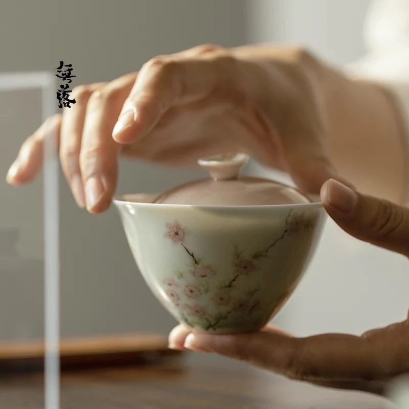 无落桃红手绘艳阳绽放盖碗釉下彩手工陶瓷泡茶碗茶杯单个功夫茶具