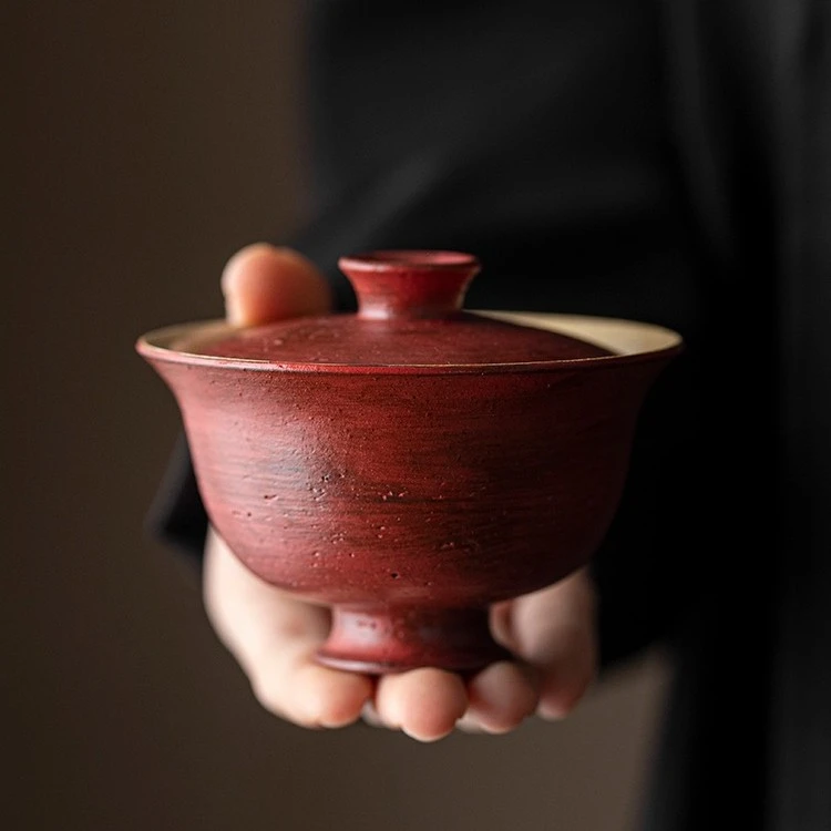 牧渔盖碗景德镇手工化妆土粗陶功夫茶具复古漆红元宝茶碗主人茶杯
