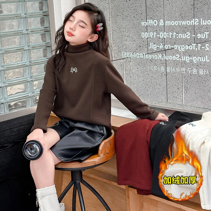 女童一体绒打底衫女大童秋冬加厚半高领内搭上衣德绒打底衫儿童