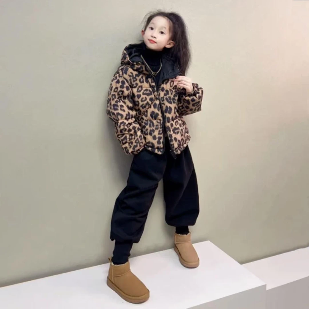 女童豹纹羽绒服双面穿2025冬季新品韩版洋气亲子装儿童面包服外套