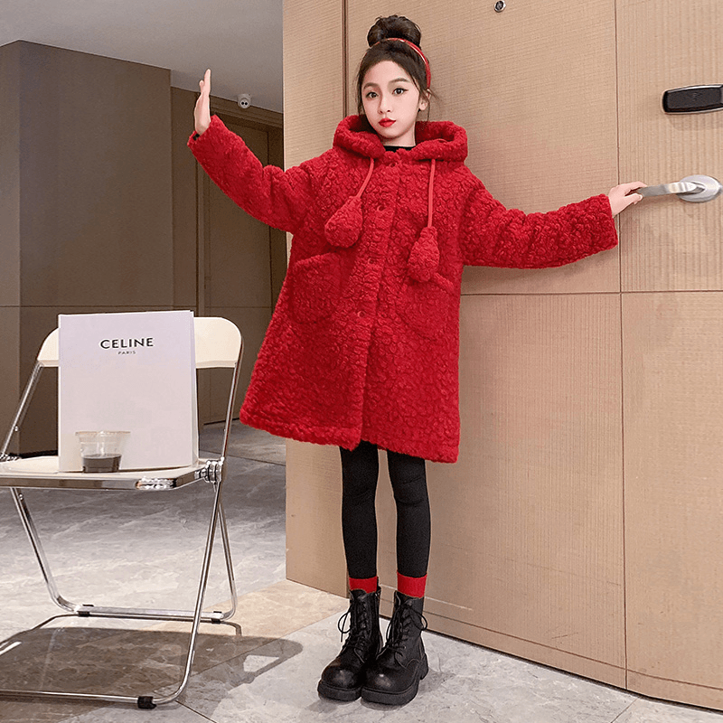 女童加绒外套冬装加厚女大童秋冬款儿童红色兔耳朵毛毛大衣中长款