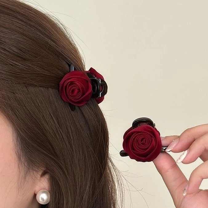 人气爆款-5!安可拉红色玫瑰花朵公主头抓夹小号女侧边头饰发夹