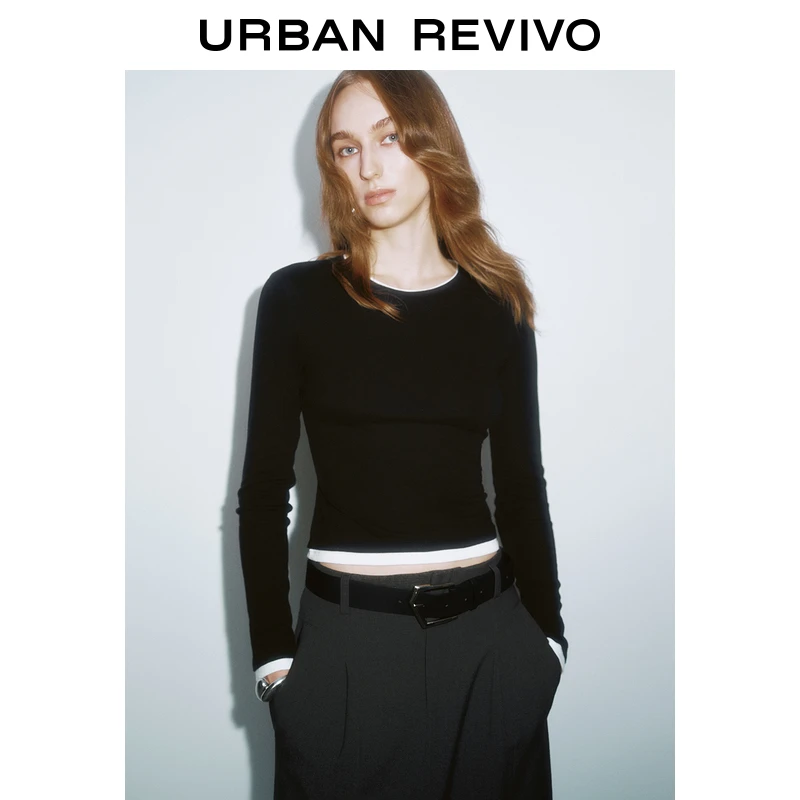 UR2024冬季撞色假两件修身长袖T恤女装新款时尚休闲上衣黑色简约