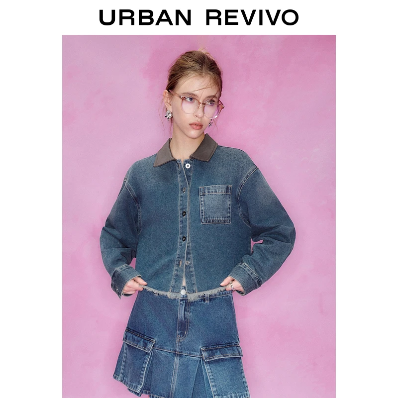 UR复古休闲牛仔衬衣女装时髦百搭上衣长袖翻领衬衫UWV830058