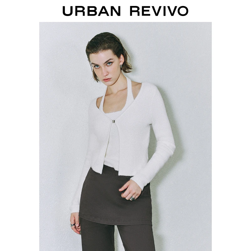 UR2024冬季新款女装潮流假两件挂脖修身软糯针织衫UYV940022