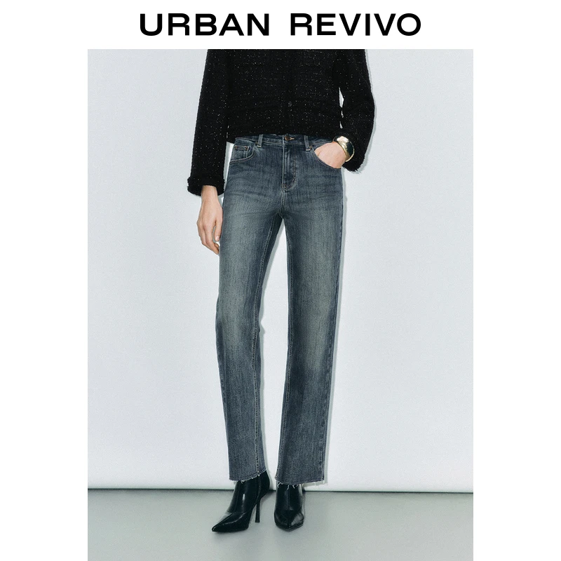 UR女装休闲复古水洗高腰绒底牛仔长裤UWM840080