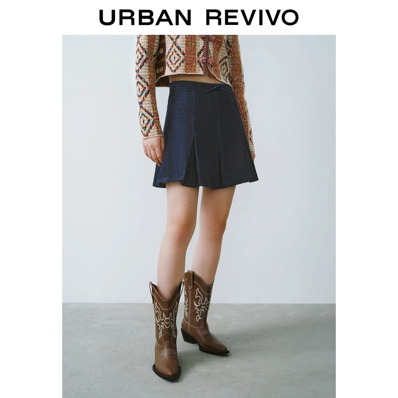 UR女装时髦复古压褶高腰短款牛仔半裙UYY840062