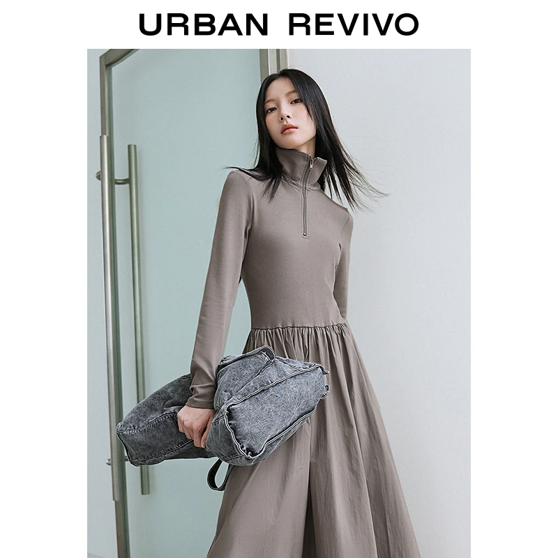 UR秋冬休闲简约连衣裙女百搭拼接长袖中长裙收腰显瘦裙UWU730042