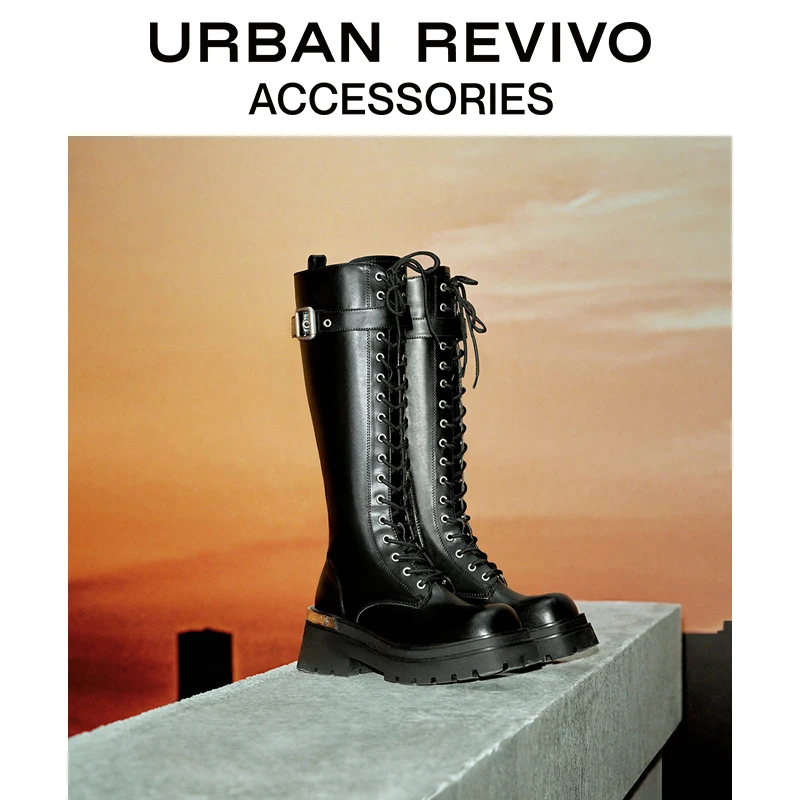 URBAN REVIVO2023秋冬新款女士时尚休闲绑带厚底马丁靴UAWS30055