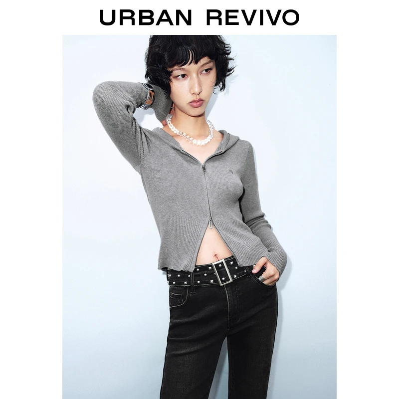 UR2024秋冬新款女装潮流运动风刺绣双拉链针织开衫UYV940019