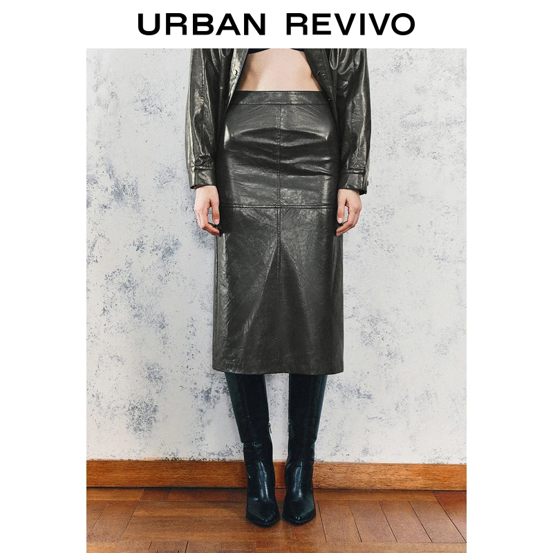 UR2024秋冬复古PU开衩拉链半裙女装新款摩登休闲半身裙UWG540105