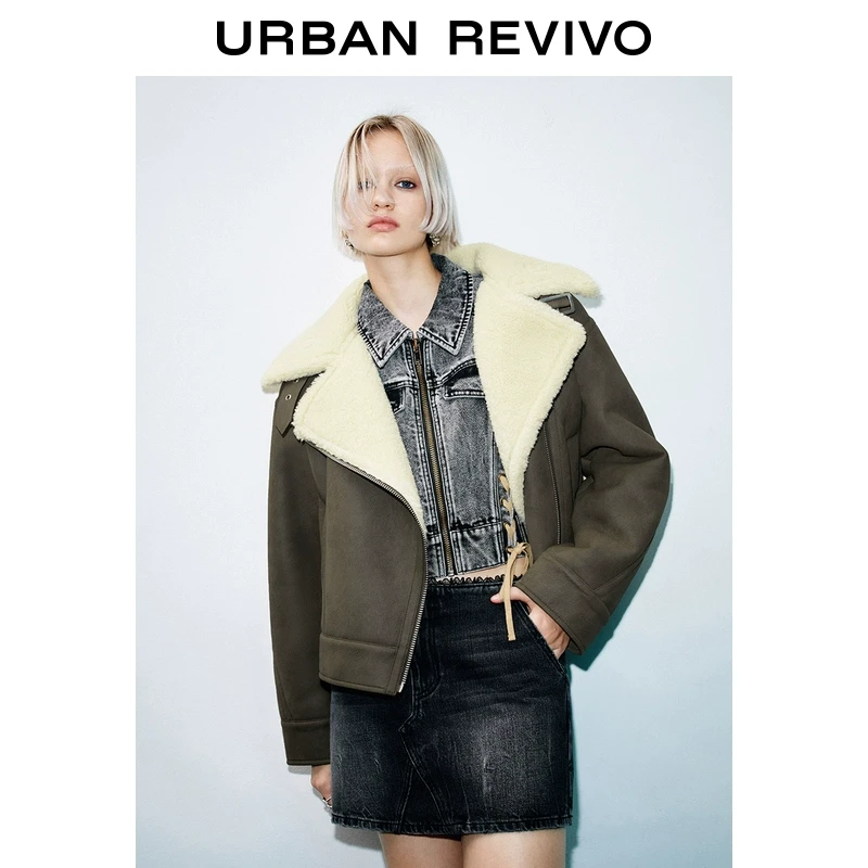 UR女装复古街头风拼接羊羔毛领外套UYY140059