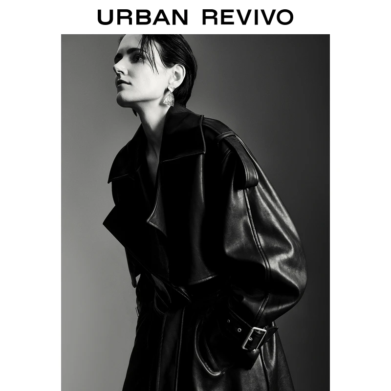 UR2024秋冬摩登PU系带宽松大衣女新款黑色休闲潮流外套UWJ140030