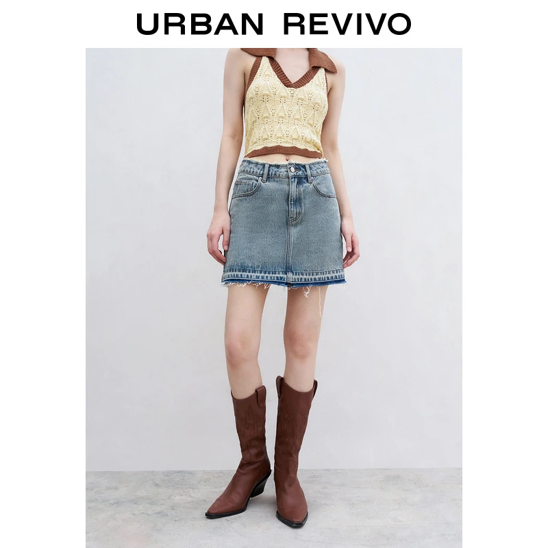 UR夏季显瘦牛仔半身裙女时尚休闲短裙新款修身毛边A字裙UWL832203