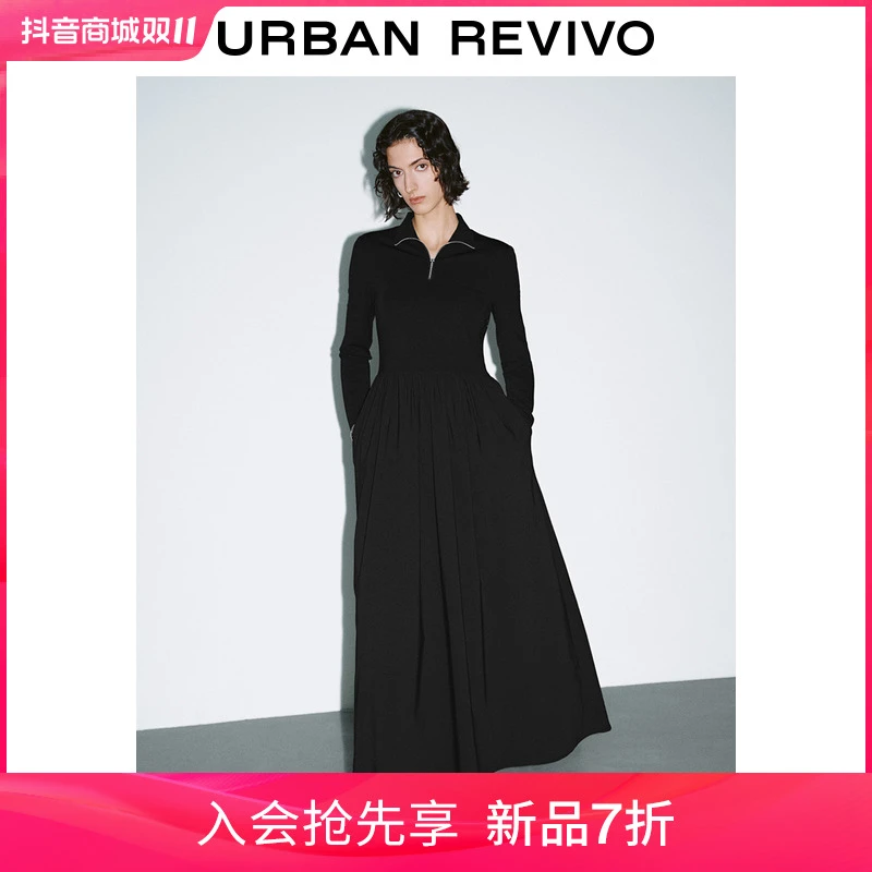 UR2024秋冬新款女装法式设计感拼接立领拉链连衣裙UWJ730020