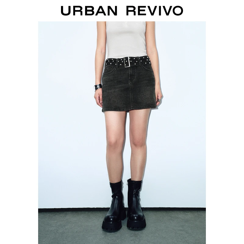 UR女装潮流休闲铆钉腰带装饰牛仔半裙UYV840034