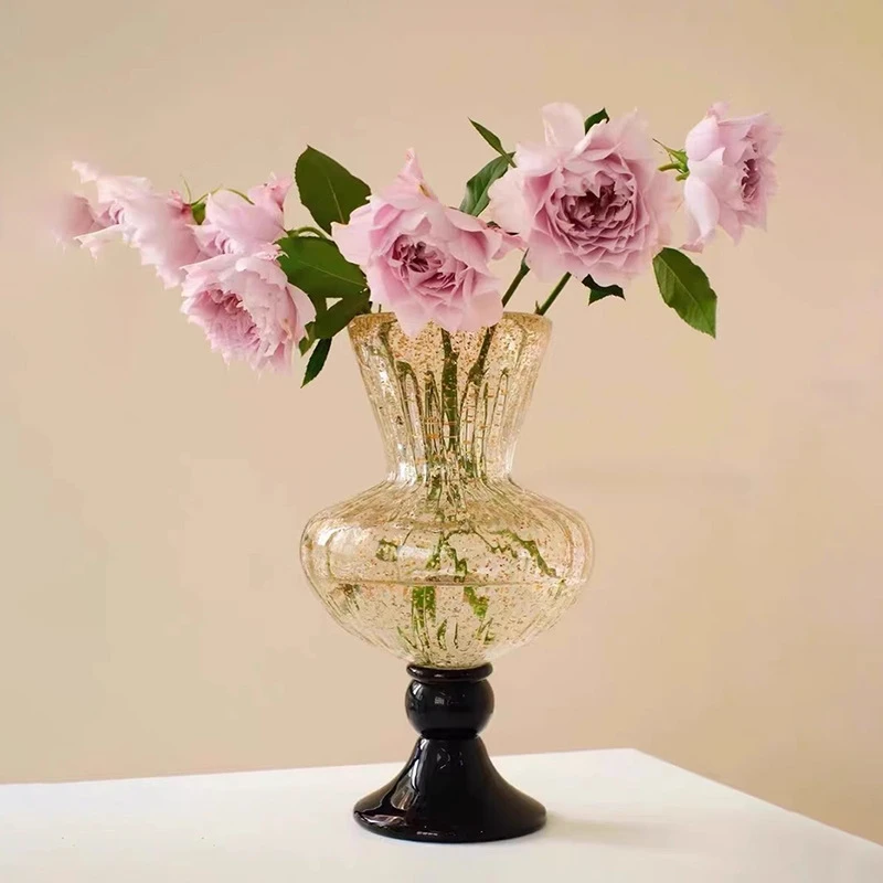 轻奢洒金玻璃花瓶高脚复古中古法式高级感风灯花瓶花器插花摆件