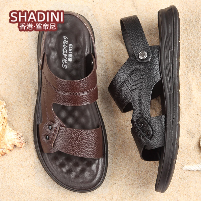 【头层牛皮】新款凉鞋男真皮爸爸开车凉拖鞋两用外穿软底沙滩鞋厚底