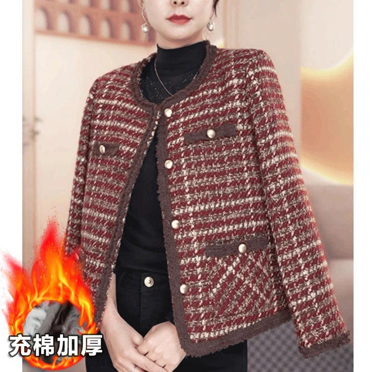 格子秋冬保暖加厚充绒新款外套妈妈装粗花呢外套女150