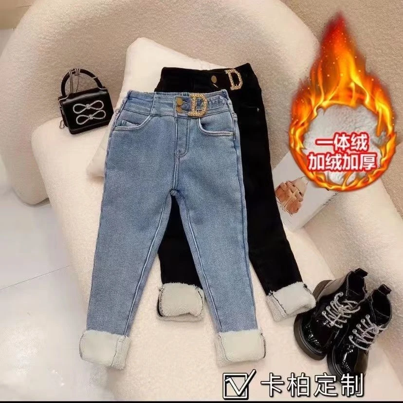 女童牛仔裤加绒加厚新款裤子洋气中大童修身一体绒女孩小脚铅笔33