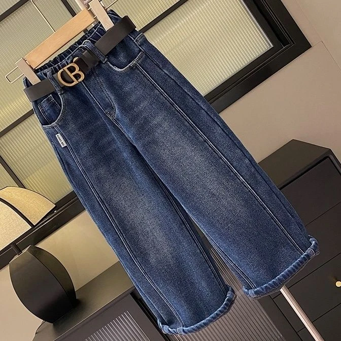 女童2023冬季中大童休闲百搭宽松加厚一体绒水洗牛仔裤直筒裤