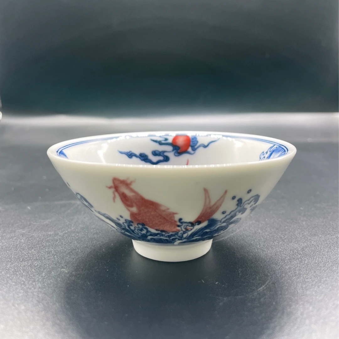 仿古釉下彩高温陶瓷功夫茶釉里红锦鲤戏珠斗笠杯容量60ml