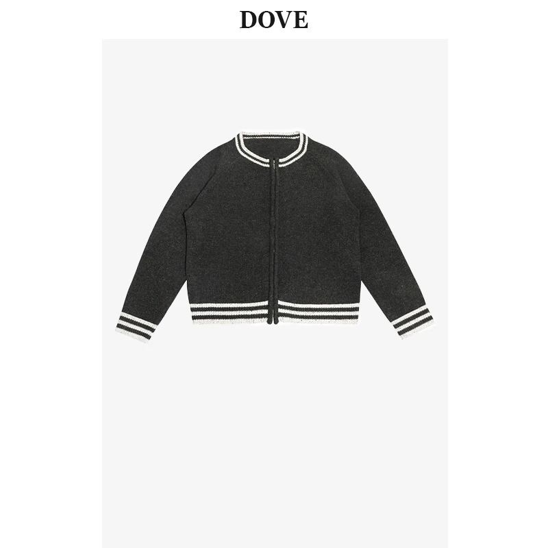 DOVE STUDIO“灰雾”复古撞色领口开衫毛衣针织衫