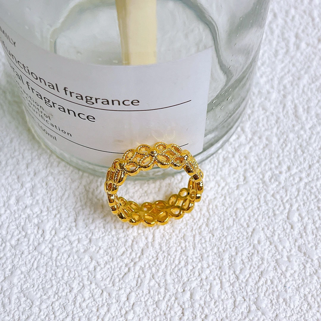 足金999蕾丝四叶草戒指镂空幸运四叶草简约小众轻奢气质精致甜美