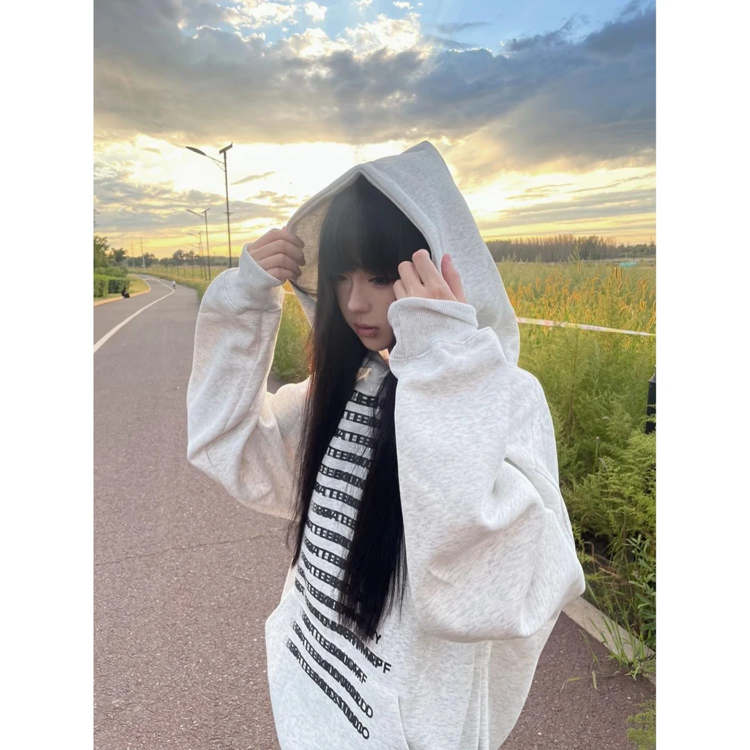 国潮牌美式复古2024新款oversize卫衣女秋冬加绒宽松小众连帽外套