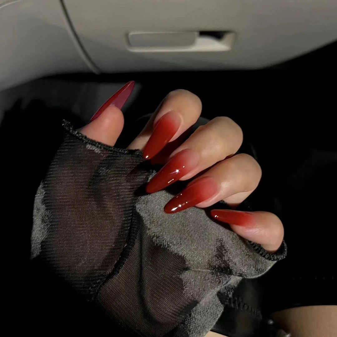 手工穿戴甲红色渐变美甲中长款新中式国风甲片高级ins显白假指甲