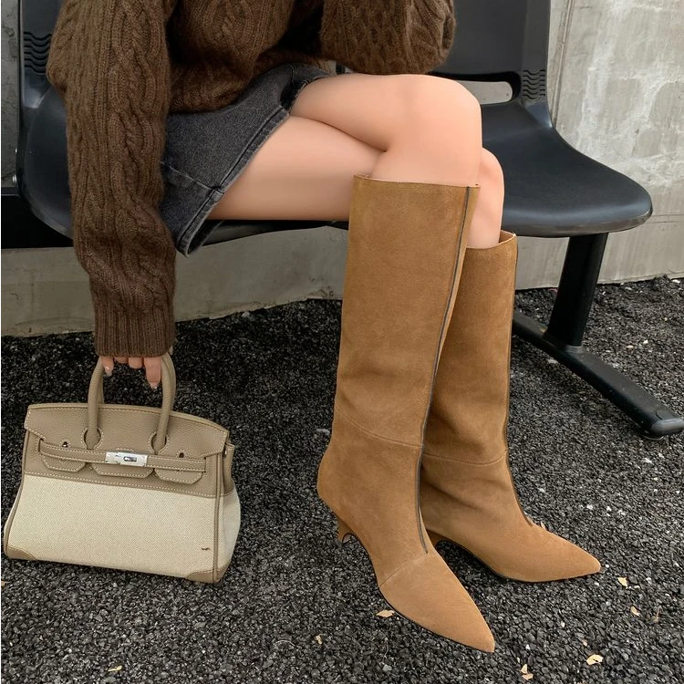 【雨嘉】5CM设计师款小众牛翻皮磨砂牛皮高筒靴百搭真皮复古长靴