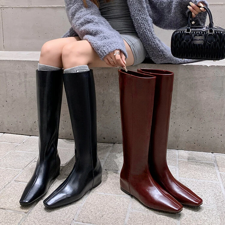 【雨嘉】4CM极简时尚安可拉红方头内增高长靴百搭秋冬显瘦高筒靴