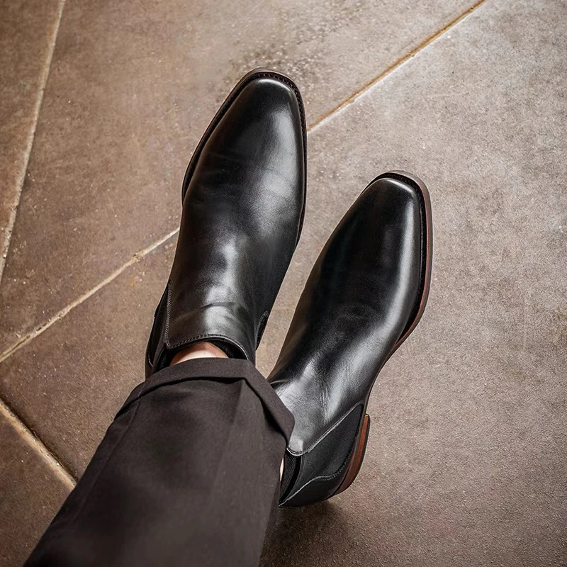 轻奢高端英伦商务休闲大码头层牛皮鞋切尔西靴