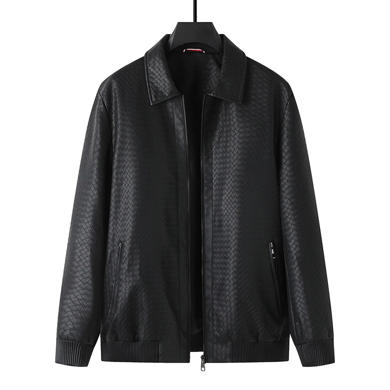 【高端轻奢欧货】潮流型男百搭时尚编织暗格加肥加大码男装皮衣夹克