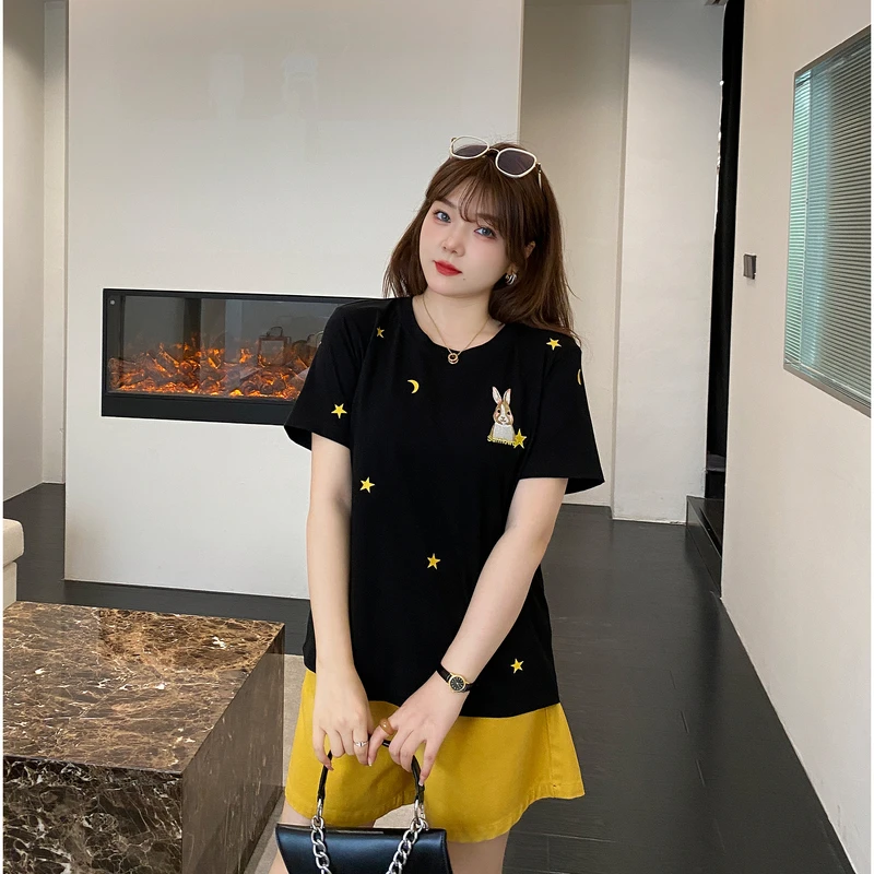 采多宝微胖大码女装胖MM宽松显瘦减龄月兔星星印花短袖T恤BXZ0506