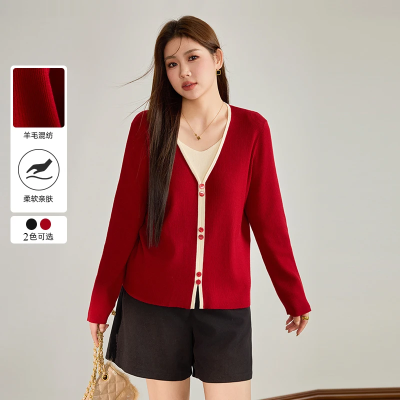 采多宝大码女装V领假两件撞色设计感毛衣DDMY2331