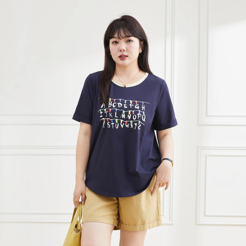 采多宝夏季微胖大码女装胖MM复古圆领印花百搭休闲上衣女DXZ1653