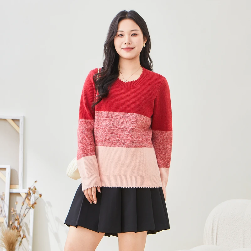 采多宝大码女装圆领小花边撞色毛衣DDMY2007