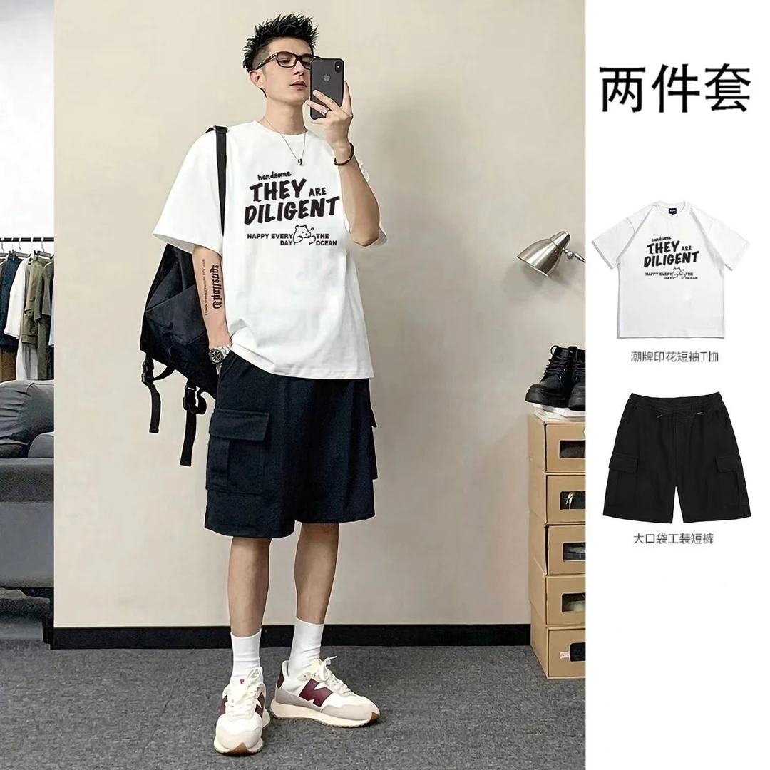 两件套潮流纯棉宽松短袖男T搭休闲工装短裤五分裤法式尤莱特套装