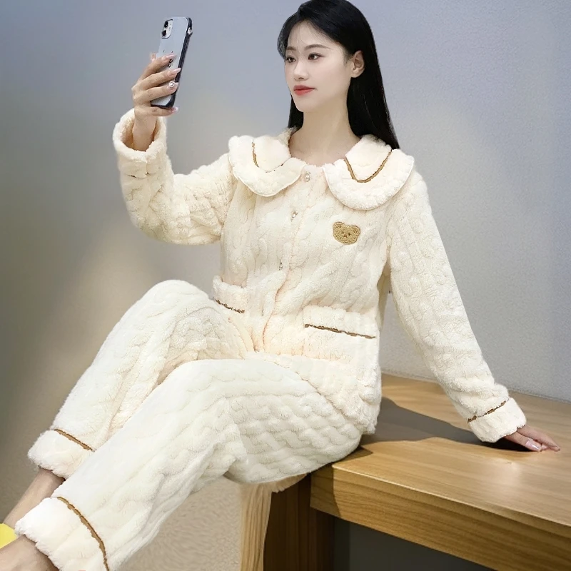 女士法兰绒睡衣加厚保暖韩版长袖家居服翻领甜美家居服套装Y91